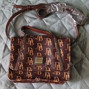 Dooney & Bourke Logo Print Crossbody Bag in Brown and Tan